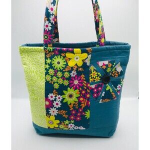 Basic Lizbet Library Market Tote Bag,Teal Yellow Florals 12x13.5x3" With Pockets